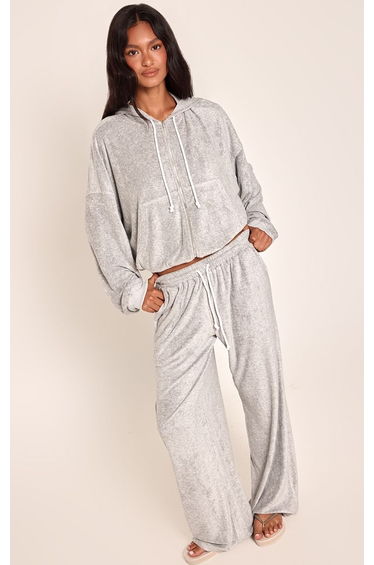 Grey Marl Towelling Contrast Drawcord Zip Up Hoodie