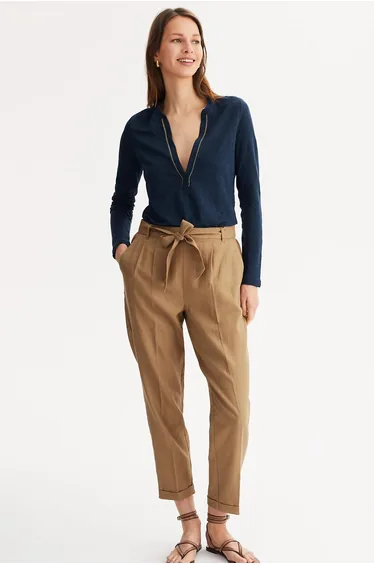 Linen Grandad Collar T-Shirt with Long Sleeves