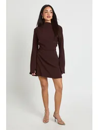 فستان بياقة عالية مزموم بأكمام طويلة - بني - 2