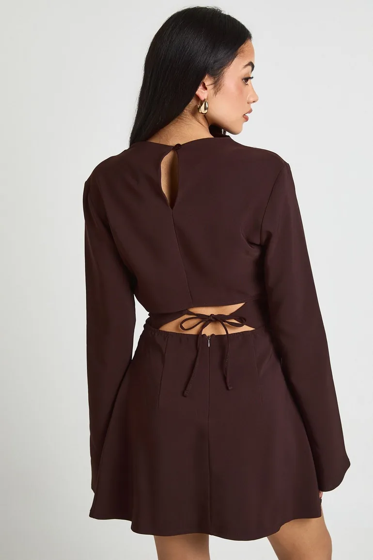 فستان بياقة عالية مزموم بأكمام طويلة - بني - 1