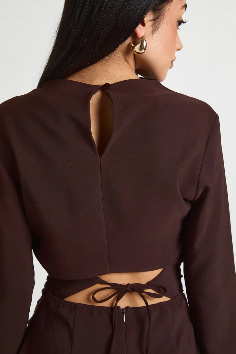 فستان بياقة عالية مزموم بأكمام طويلة - بني - 3