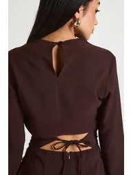 فستان بياقة عالية مزموم بأكمام طويلة - بني - 3