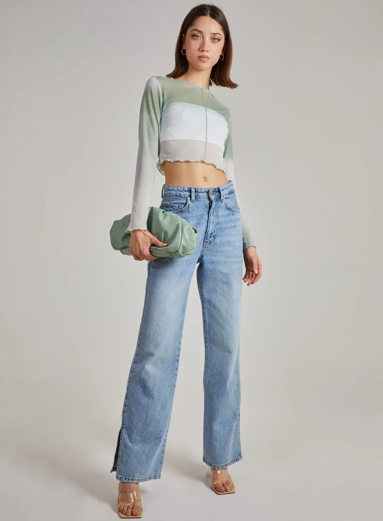 Ombre Exposed Long Sleeve Mesh Crop Top