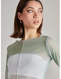 Ombre Exposed Long Sleeve Mesh Crop Top - 1