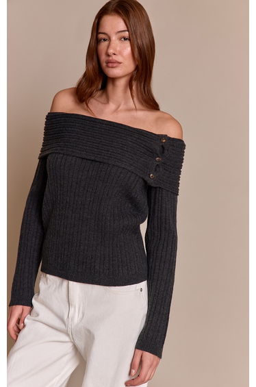Dark Grey Button Detail Ribbed Knit Bardot Jumper