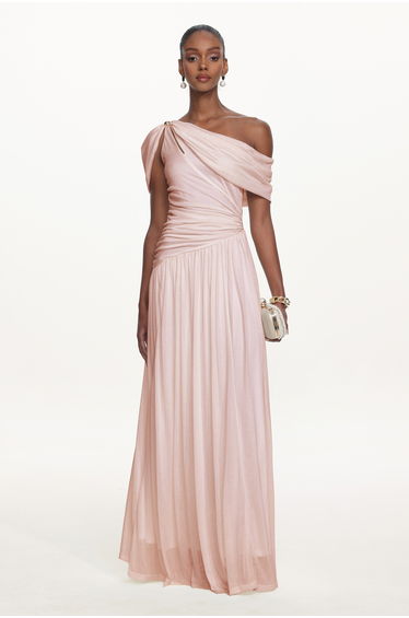 Salina Elegant Contour Sleeveless Asymmetric Cut Out Ruched Pink Knit Maxi Dress