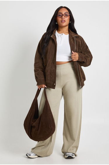 Plus Wide Leg Rib Knit Trouser - taupe