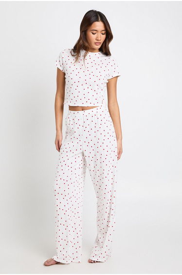 Pointelle Heart Print Baby Tee & Wide Leg Trouser Pyjama Set - white