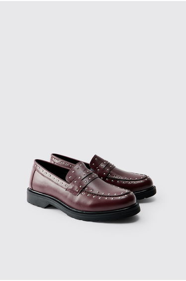 PU Studded Chunky Loafer - burgundy