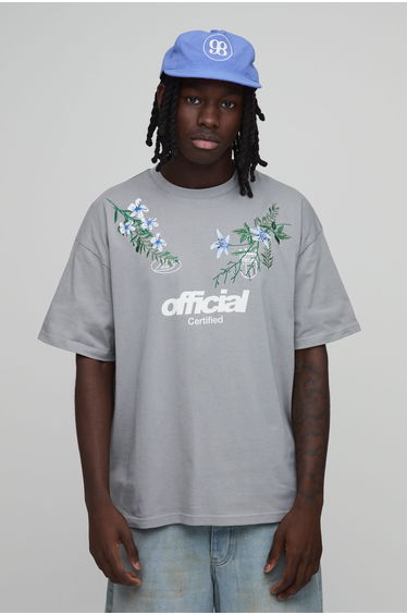 Oversized Floral Embroidered T-Shirt - grey