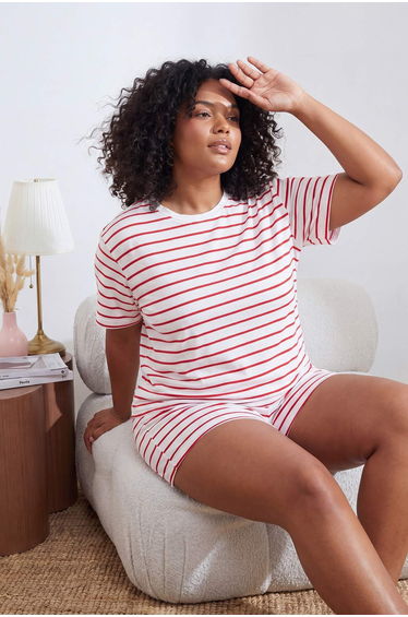Red-White Striped Crew Neck Knitted Large Size Pajama Set