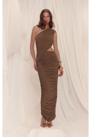 Olive One Shoulder Ruched Maxi Dres