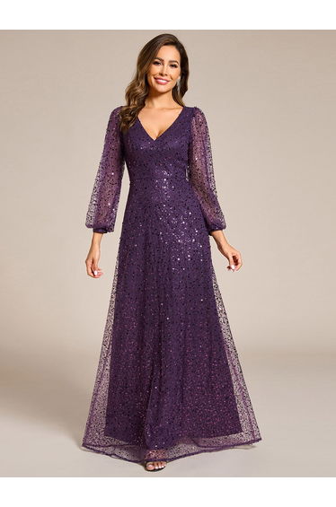 ever RAYVEN|Shimmering All Over V-Neck Long Lantern Sleeve Sequin A-Line Evening Dress