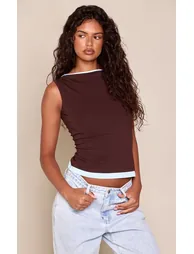 Chocolate Double Layered Detail Boat Neck Vest - 1