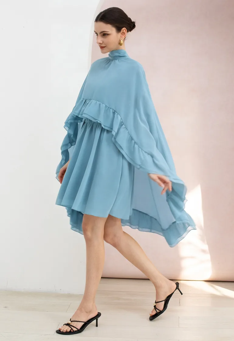 high neck ruffle hem cape mini dress Mac Duggal - Floral Print High Neck Ruffle Hem Cape Mini Dress
