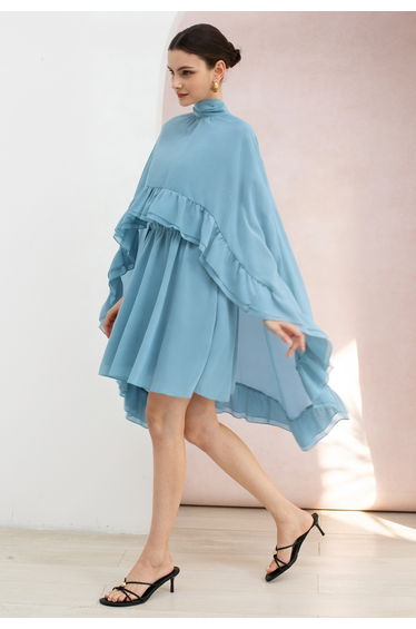 Tie-Neck Ruffled Hi-Lo Chiffon Cape and Mini Dress Set in Blue for Red Carpet Events & Luxury Dinners