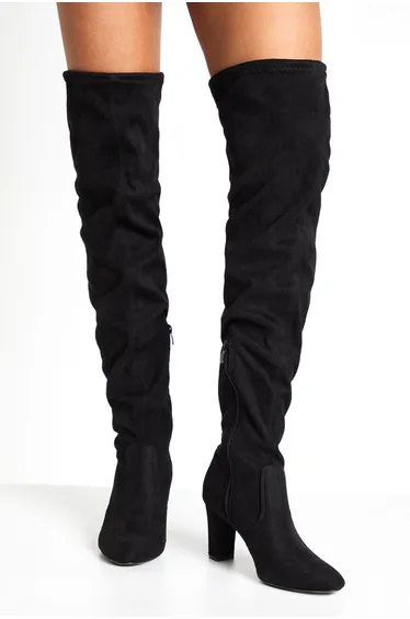 Faux Suede Block Heel Knee High Boots - black