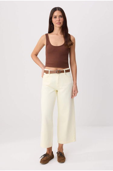 Yellow Belted High Waist Ankle Length Wide Leg Jeans