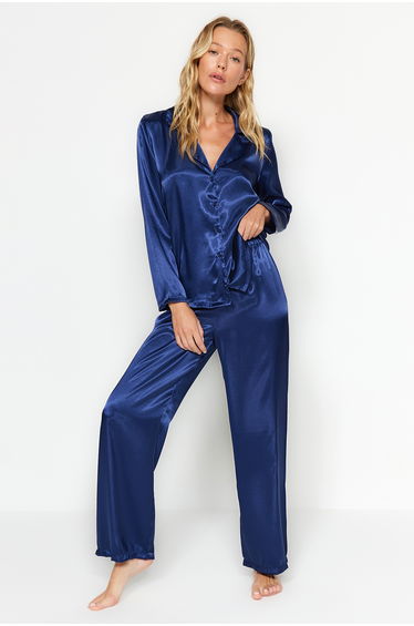 Navy Blue Satin Shirt-Pants Woven Pajamas Set