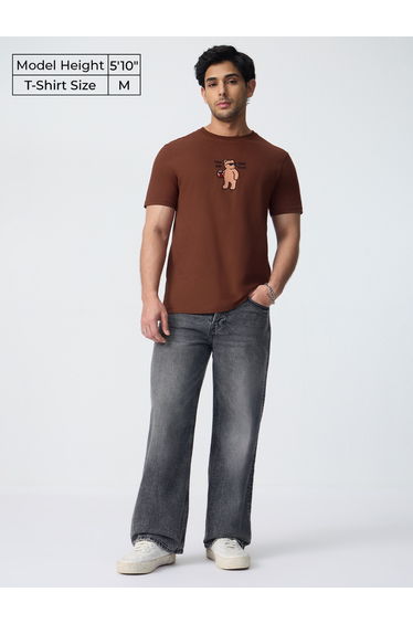 Men Brown Embroidered Bear T-Shirt