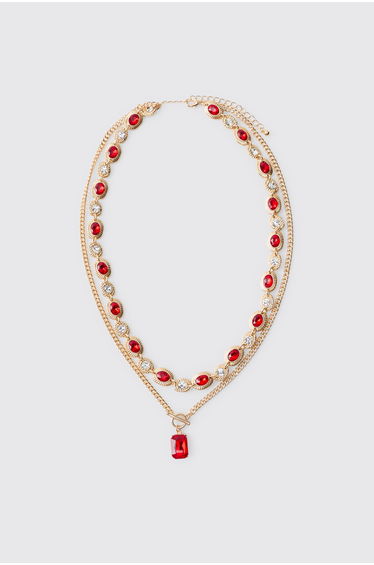Gem Pendant Mock Pearl Layered Chain Necklace - gold