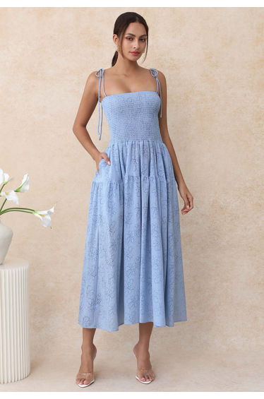 Flower Eyelet Gingham Shirred Cami Dress in Light Blue
