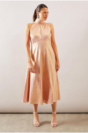 Metallic Crinkle Tie Neck Halter Midi Dress