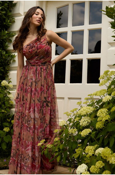 One Shoulder Maxi Dress in Red Rose Floral