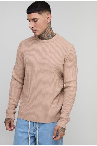 Tall Basic Regular Fit Ribbed Knitted Jumper - taupe