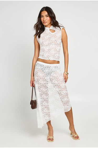 Lace Asym Keyhole Top with Trim - ivory