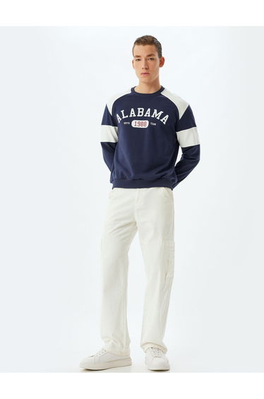 College Printed Sweatshirt Crew Neck Color Block Cotton