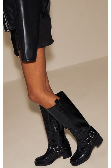 Black Croc Patent Buckle Detail Knee High Boots