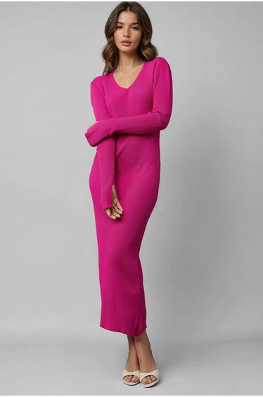 MY FASHION V-Neck Textured Maxi Knit Dress with Slit