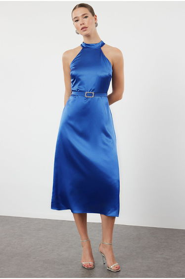 Saks A-Line Shiny Stone Buckle Detailed Satin Dress