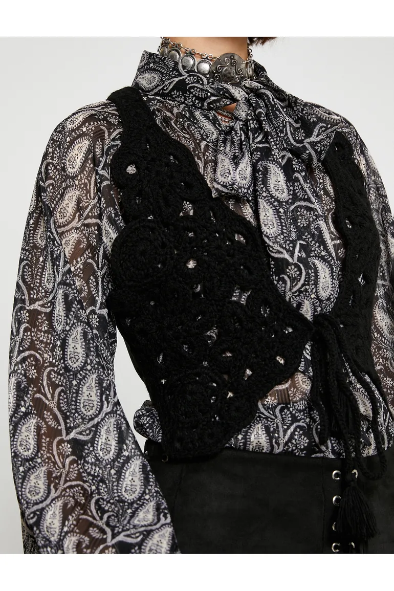 Suede Look Vest with Crochet Knitting Detail. - 4