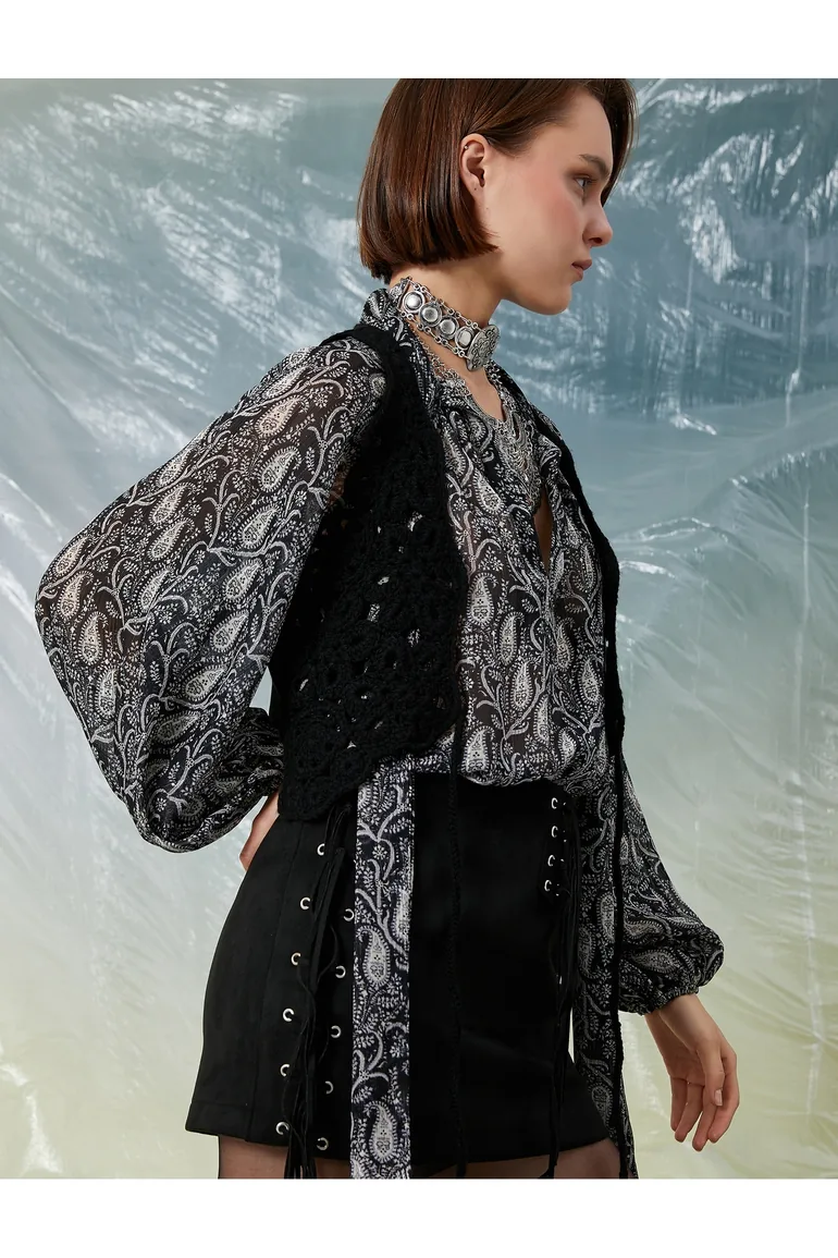 Suede Look Vest with Crochet Knitting Detail. - 1