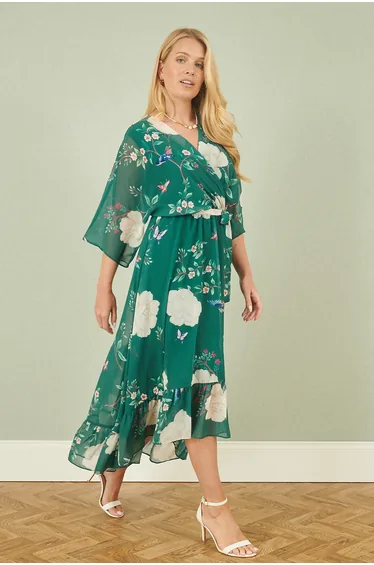 Yumi Green Bird and Floral Print Wrap Dress