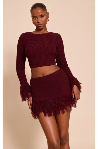 Wine Tassel Cuff Cropped Top