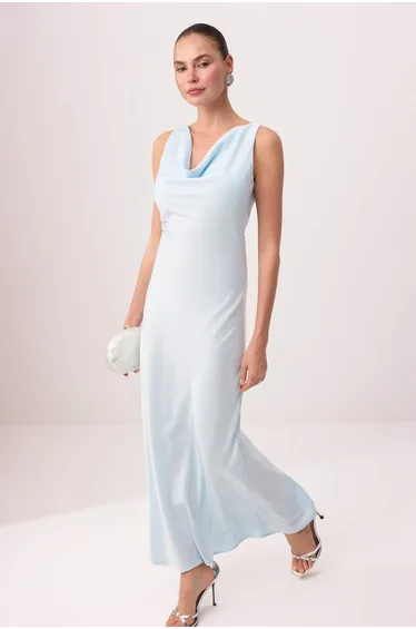 Light Blue Plain Weave Satin Maxi Unlined Stylish/Evening Dress