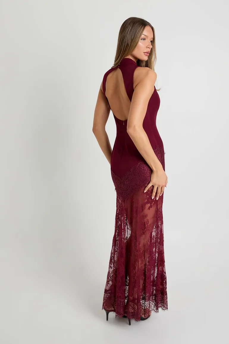 فستان ماكسي بحواف دانتيل - أحمر - 1
