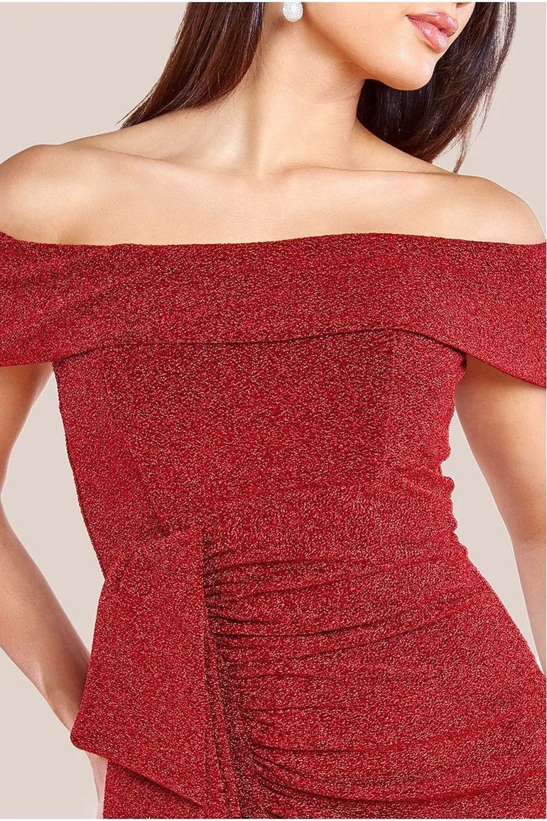 Goddiva Lurex Bardot Midi With Waterfall Ruffle - Red - 2