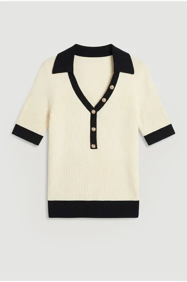 Knit Rib With Contrast Hem Detail Collared Short Sleeve Top