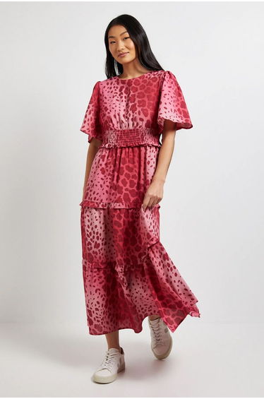 Petite Pink Animal Shirred Waist Angel Sleeve Tiered Maxi Dress