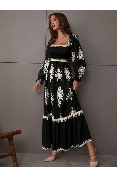 Women Black Printed Square Neck Maxi Dress