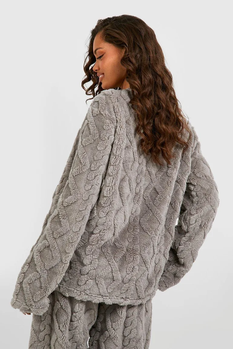 Cable Knit Fleece Lounge Sweatshirt - grey - 1