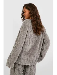 Cable Knit Fleece Lounge Sweatshirt - grey - 1