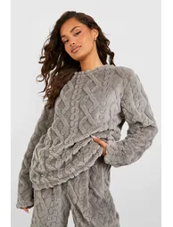 Cable Knit Fleece Lounge Sweatshirt - grey