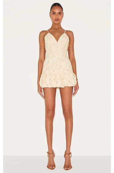 Butter Yellow Floral Cup Detail Extreme Puffball Hem Dress