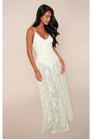 Sage Floral Devore Skirt Strappy Maxi Dress
