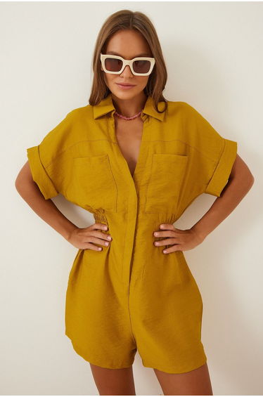 Women's Mustard Linen Viscose Jumpsuit with Shorts